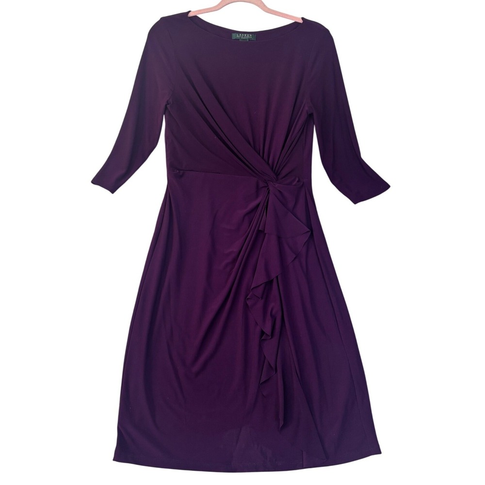 Lauren Ralph Lauren Dress Womens 10 Purple Excellent Faux Wrap Ruffle Sheath